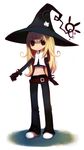  belt blonde_hair brown_eyes copyright_request elbow_gloves gloves hat long_hair midriff puti_devil shadow shoes solo witch witch_hat 