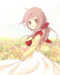  bow brown_eyes brown_hair day dress flower hair_bow long_hair matsuzawa_hajime original outdoors sky solo 