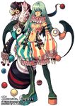  aqua_eyes artist_request ball boots breasts character_request copyright_request detached_sleeves green_footwear green_hair heart jester long_hair medium_breasts neck_ruff no_bra solo wings 