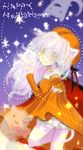  animal_ears bloomers blue_background cape cat_ears cat_tail copyright_request dress halloween happy_halloween hat kayune_niu long_hair orange_dress skirt smile solo tail underwear white_hair yellow_eyes 