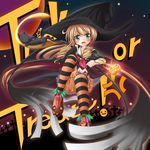  anger_vein cat halloween hat jack-o'-lantern makino_(ukiuo) original pumpkin solo striped striped_legwear thighhighs trick_or_treat witch_hat 