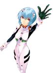  arm_up armpits ayanami_rei bangs blue_hair bodysuit bracer breasts closed_mouth cowboy_shot expressionless from_above gloves hair_between_eyes hair_ornament kitagawa_unagi looking_at_viewer neon_genesis_evangelion number pilot_suit plugsuit reaching red_eyes short_hair simple_background small_breasts solo standing turtleneck white_background white_bodysuit 