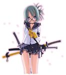  book glasses hair_ornament hairpin katana miniskirt necktie original sakuya_tsuitachi school_uniform skirt solo sword weapon 