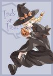  august_(coyote_ragtime_show) black_dress blonde_hair blue_background boots braid coyote_ragtime_show dress green_eyes halloween hat jack-o'-lantern pumpkin short_hair smile solo takano_natsuki trick_or_treat witch_hat 