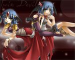  animal_ears anklet bell bell_collar blue_hair bracelet cat_ears circlet collar demon demon_girl head_wings jewelry leg_up lying md5_mismatch multiple_girls on_stomach ragnarok_online shilin short_hair siblings sisters sitting tail toeless_legwear torn_clothes twins weapon yellow_eyes 