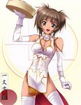  bamboo_steamer bare_shoulders breasts brown_hair china_dress chinese_clothes cleavage cleavage_cutout dress elbow_gloves gloves green_eyes ichimonji_akane kaiga medium_breasts pelvic_curtain side_slit sleeveless solo thighhighs tokimeki_memorial tokimeki_memorial_2 tray waitress 