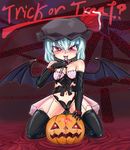  bat_wings black_legwear halloween homura_subaru jack-o'-lantern pumpkin remilia_scarlet solo thighhighs touhou trick_or_treat wings 