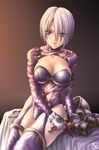 bed bed_sheet breasts brown_background cleavage cleavage_cutout corset garter_straps isabella_valentine kagehara_hanzou large_breasts looking_at_viewer on_bed purple_eyes purple_legwear short_hair silver_hair simple_background sitting solo soulcalibur thighhighs zettai_ryouiki 