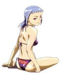  ass back bangs bikini blunt_bangs breasts clenched_hands closed_mouth clothes_writing from_side full_body highres hisayuki_hirokazu light_smile looking_at_viewer looking_back medium_breasts miyu_greer my-hime official_art purple_bikini red_eyes scan shadow shiny shiny_skin side-tie_bikini sideboob silver_hair simple_background sitting skindentation smile solo string_bikini swimsuit translated underboob white_background 