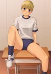  blonde_hair blue_eyes blush buruma desk gym_uniform on_desk original school_desk shirt short_hair sitting sitting_on_desk solo t-shirt yizumi 