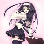  bag black_hair bookbag f-ism fang green_eyes headband highres long_hair looking_back murakami_suigun panties pantyshot school_uniform solo thighhighs underwear 