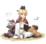  bapho_jr blonde_hair creature full_body goblin green_eyes hamamo helmet high_wizard male_focus ragnarok_online simple_background sitting solo spread_legs tunic white_background 