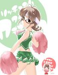  ^_^ akizuki_ritsuko amami_haruka antenna_hair blush braid breasts brown_hair cheerleader closed_eyes cowboy_shot glasses green_eyes green_panties hair_ribbon headband holding idolmaster idolmaster_(classic) idolmaster_1 looking_back medium_breasts microskirt motion_lines multiple_girls panties pantyshot pleated_skirt pom_poms red-framed_eyewear ribbon sakura_nitouhei semi-rimless_eyewear shirt short_hair skirt sleeveless translation_request twin_braids under-rim_eyewear underwear 