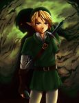  blonde_hair blue_eyes dark_link dual_persona glowing glowing_eyes instrument link male_focus multiple_boys ocarina pointy_ears red_eyes sword the_legend_of_zelda the_legend_of_zelda:_ocarina_of_time weapon 