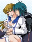  1girl aqua_hair blue_background blush breast_grab breasts closed_eyes grabbing gradient gradient_background hetero huge_breasts long_hair marufuji_ryou matsubara_kanabun open_mouth tenjouin_asuka yuu-gi-ou yuu-gi-ou_gx 