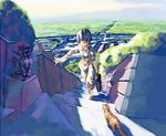  bag black_hair cat foreshortening komainu myu original railing scenery short_hair solo stairs statue 