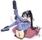  bare_shoulders black_eyes black_hair black_ribbon blue_footwear blue_gloves blue_legwear blue_leotard blush boots breasts elbow_gloves from_side full_body gloves hair_ribbon headgear high_ponytail ichijou_eika kneepits leaning_back leg_hold legs_up leotard long_hair looking_to_the_side medium_breasts motion_slit pillow pilot_suit ponytail ribbon satou_atsuki shadow simple_background sitting sky_girls solo thigh_boots thighhighs very_long_hair white_background 