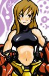  alex_ahad armor bangs bare_shoulders black_eyes blush breasts brown_hair cowboy_shot crop_top halterneck large_breasts long_hair looking_to_the_side metroid midriff navel power_armor samus_aran sleeveless sleeveless_turtleneck solo super_metroid turtleneck varia_suit 