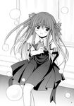  air blush bubble dress greyscale hair_ribbon light_smile monochrome non-web_source patoto ribbon scan school_uniform sitting solo toono_minagi 