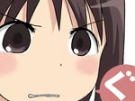  azumanga_daiou blush brown_eyes brown_hair clenched_teeth gununu kasuga_ayumu parody parted_lips short_hair solo speech_bubble talking teeth text_focus underwear upper_body 