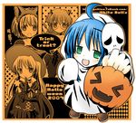  4girls :d ahoge argyle blank_eyes blush bone border choker collarbone cross-laced_clothes dress food full_body green_eyes halloween happy_halloween hat hiiragi_kagami hiiragi_tsukasa izumi_konata long_sleeves looking_at_viewer lucky_star mole mole_under_eye multiple_girls open_mouth pumpkin shima_yukiwa skull smile speech_bubble standing star takara_miyuki trick_or_treat upper_body vegetable wand white_dress witch witch_hat 