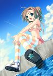  breasts brown_hair cloud day foreshortening green_eyes hair_ornament hairclip hands happy legs medium_breasts midriff no_bra open_mouth original ribbon rusty_soul shoes short_hair sitting skirt sky solo striped striped_legwear thighhighs underboob water 