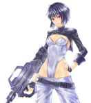  2d belt breasts cleavage fingerless_gloves ghost_in_the_shell gloves gun hand_on_hip highleg highleg_leotard kusanagi_motoko leotard lowleg medium_breasts purple_hair red_eyes rifle short_hair smile solo weapon 