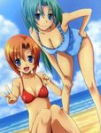  :d asymmetrical_bangs bangs barefoot beach bent_over bikini blue_eyes blue_sky blue_swimsuit blush breasts casual_one-piece_swimsuit cleavage cloud cloudy_sky day dutch_angle frilled_swimsuit frills green_hair hand_on_hip hand_on_own_knee high_ponytail higurashi_no_naku_koro_ni knees_together_feet_apart large_breasts light_smile long_hair looking_at_viewer multiple_girls o-ring o-ring_bikini o-ring_top ocean official_art on_ground one-piece_swimsuit open_mouth orange_hair outdoors outstretched_arm parted_bangs ponytail print_swimsuit rato red_bikini ryuuguu_rena short_hair sitting sky small_breasts smile sonozaki_mion strap_pull swimsuit v very_long_hair water 