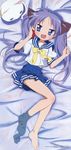  barefoot blue_eyes cathead cellphone feet food hair_ribbon highres hiiragi_kagami long_hair long_legs lucky_star lying midriff navel nyamou on_back phone pleated_skirt pocky purple_hair ribbon ryouou_school_uniform school_uniform serafuku single_sock skirt smile sock_pull socks solo takemoto_yasuhiro toes tsurime twintails 