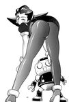  artist_request ass bent_over blush earrings from_behind greyscale hair_pulled_back hairband jewelry kobun looking_back monochrome one_eye_closed panties pantyhose rockman rockman_dash short_hair sweat thong tron_bonne underwear upskirt 