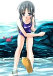  black_hair blue_eyes crab crustacean long_hair one-piece_swimsuit original shigen sitting solo swimsuit water 