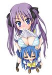  :3 blue_hair blush bow bra breast_rest breasts breasts_on_head cleavage covered_nipples eunos flat_chest hiiragi_kagami izumi_konata large_breasts lingerie long_hair lucky_star mole mole_under_eye mouth_hold multiple_girls purple_hair ryouou_school_uniform school_uniform serafuku shirt_lift skirt tsurime twintails underwear 