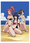  ass beach bikini black_hair blue_sky blush brown_eyes brown_hair cloud curvy day double_bun drill_hair earrings green_eyes highres iyashite_agerun_saiyuki jewelry long_hair multiple_girls nail_polish ocean outdoors ponytail red_eyes red_hair red_nails sand sky swimsuit uchida_yorihisa very_long_hair water wedgie 