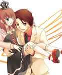  1girl blue_eyes brown_eyes brown_hair carrying cousins crown dress formal frills hairband kneehighs necktie oujima_tamaki princess_carry shoes short_hair smile suit umineko_no_naku_koro_ni ushiromiya_battler ushiromiya_maria white_background 