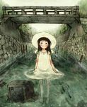  barefoot black_eyes black_hair blush bridge child copyright_request dress gomennasai hat long_hair looking_at_viewer river smile solo standing sun_hat sundress television under_bridge wading water white_dress 