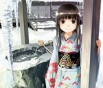 brown_eyes brown_hair cat ice icicle japanese_clothes kimono looking_at_viewer obi original sash smile snow snow_bunny sody solo wooden_beam 