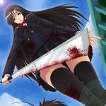  black_hair blood bow brown_eyes from_below katsura_kotonoha long_hair red_bow school_days school_uniform skirt solo thighhighs yandere yaso_shigeru zettai_ryouiki 