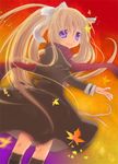  air black_legwear blonde_hair dutch_angle from_behind kamio_misuzu kayune_niu kneehighs long_hair long_sleeves looking_at_viewer orange_sky purple_eyes red_scarf scarf sky solo standing sunset very_long_hair 