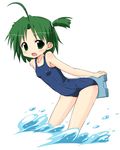  ahoge aikei bent_over blush flat_chest green_eyes green_hair kickboard nagasarete_airantou one-piece_swimsuit open_mouth school_swimsuit short_hair short_twintails solo splashing swimsuit twintails wading water yukino_(nagasarete_airantou) 