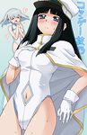  black_hair blue_drop blue_eyes blush cape closed_eyes gloves hat heart leotard lowres multiple_girls navel open_mouth saipaco senkouji_hagino silver_hair sweat translated tsubael 