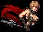  armor armpits bangs breasts brown_hair cape cleavage cleavage_cutout corset elbow_gloves fantasy fighting_stance gloves hair_between_eyes large_breasts lips lipstick looking_away magic_lancer_(red_stone) makeup midriff official_art open_mouth polearm red_eyes red_stone short_hair simple_background solo spear torn_cape torn_clothes turtleneck upper_body weapon yuki_hayabusa 