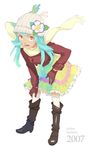  aqua_hair beanie boots flower frills gloves hat nakatomi_ryou orange_eyes original scarf skirt solo thighhighs 
