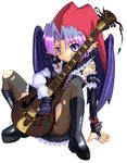  boots copyright_request demon_girl demon_wings earrings gothic_lolita guitar hat instrument jewelry kazuboh lolita_fashion pantyhose pointy_ears purple_eyes purple_hair short_hair solo spread_legs torn_clothes torn_legwear wings 