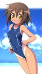 artist_request breasts brown_hair cloud covered_nipples day fang kusakabe_misao lucky_star one-piece_swimsuit one-piece_tan short_hair single_vertical_stripe sky small_breasts solo swimsuit tan tanline wedgie yellow_eyes 