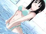  aqua_bikini bikini black_eyes black_hair blush body_blush breasts chair cleaning_brush dutch_angle game_cg indoors jinguuji_rio lane_line looking_at_viewer medium_breasts o3o pool refraction senpai_ga_fiancee!? shinohara_yuuno side-tie_bikini solo surprised swimsuit table triangle water wet 