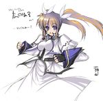  bangs blue_eyes bow breasts brown_hair dress fingerless_gloves gloves hair_bow jacket kirishima_ruka long_skirt looking_at_viewer lyrical_nanoha magical_girl mahou_shoujo_lyrical_nanoha medium_breasts open_clothes open_jacket open_mouth purple_eyes simple_background sketch skirt smile solo takamachi_nanoha teeth text_focus translation_request twintails white_background white_dress 