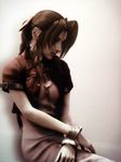  aerith_gainsborough bracelet braid brown_hair cropped_jacket dress final_fantasy final_fantasy_vii highres jewelry long_hair naora_yusuke official_art pink_dress realistic ribbon single_braid solo 