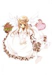  absurdres angel angel_wings bouquet bunny_hair_ornament dress flower frills hair_ornament hairclip highres koge_donbo long_hair misha_(pita_ten) official_art pink_hair pita_ten plaid rose scan simple_background solo white_background white_dress white_wings wings 