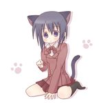  animal_ears bamboo_blade between_thighs black_hair blush cat_ears kawazoe_tamaki kneehighs lowres paw_pose paw_print purple_eyes sakuramori_sumomo school_uniform sitting socks solo tail wariza 