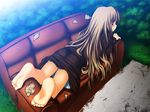  barefoot broiler brown_hair couch dress feet foreshortening grass long_hair looking_back lying on_stomach original purple_eyes soles solo 